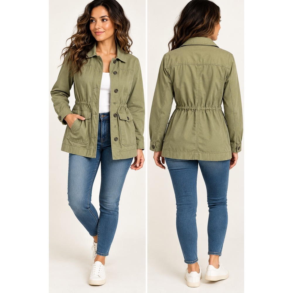 Green Cotton Utility Jacket Cinched Drawstring Waist Military Field Coat LG